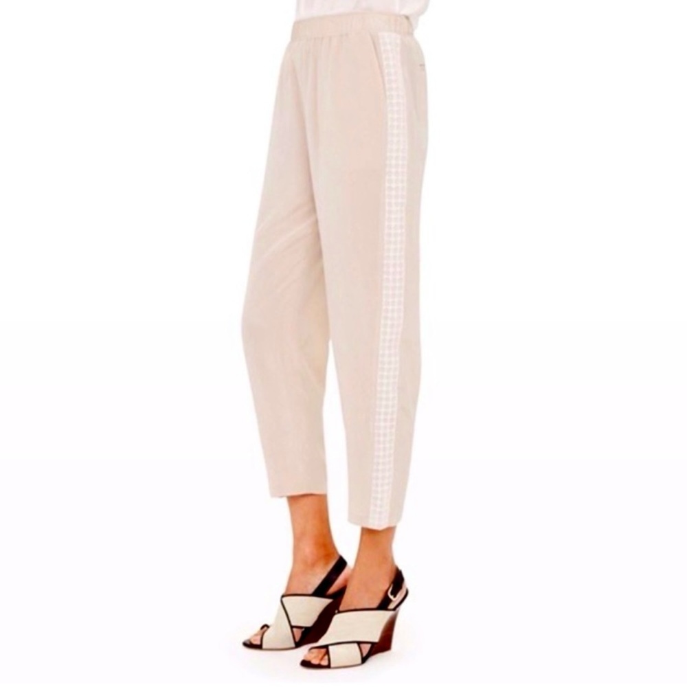 CLUB MONACO | 100% Silk Capri Pants with Lace Trim | Cream Tan Elastic Waist | 2